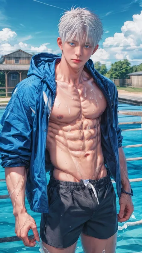 1boy, adult, handsome, perfect face, detailed eyes and face, clean shaved, muscular, capturing a rural atmosphere, dynamic lighting, unreal engine 5, hd picture, satoru gojo, white hair, short hair ,hair between eyes ,blue eyes, white skin, milk pink nippl...