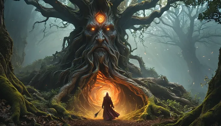 (best quality,4k,8k,highres,masterpiece:1.2),ultra-detailed,(realistic,photorealistic,photo-realistic:1.37),santient Ent the guardian of ancient forest,santient Ent,mystical tree creature,imposing old tree figure,otherworldly,terrifying,inhuman features an...