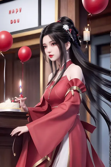 birthday ，1 girl,black long hair,red dress，balloon、cake、candle、gift、pal、ribbon、cheer、sing、joy、photograph