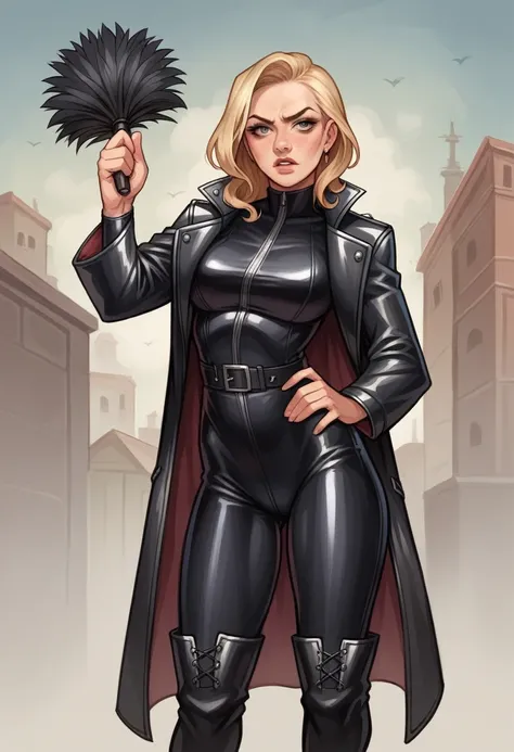 Create a high-resolution, photorealistic digital painting of an extremely beautiful woman. She is wearing ultra-high leather thigh-length boots, leggings, and a long leather duster coat. Her expression is hostile and determined, indicating she means busine...