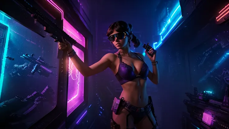 at night. neon-themed artwork with vibrant purple and blue colors, intense neon lights illuminating the entire scene, a dense layer of mist creating a dreamy atmosphere, a captivating and mesmerizing background with intricate details, a gaming-inspired the...