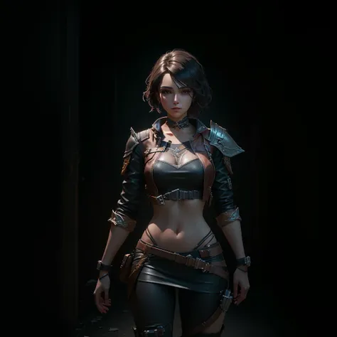 arafed woman in a leather outfit standing in a dark room, unreal engine character art, render of mirabel madrigal, small character. unreal engine 5, cinematic full character, female lead character, unreal 5. rpg portrait, in game render, subsurface scatter...