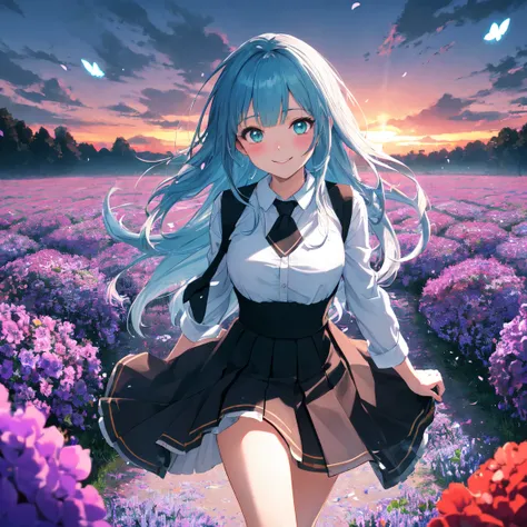 (( best quality, masterpiece, 4k, 8k, 16k, absurdrity, retina)), Ultra-Wide Angle, POV, anime style, 1girl, smile, blunt bangs, drooping eyebrows, aqua eyes, glowing eyes, violet hair, meadow, smile, long white shirt, black flowing pleated skirt, lace-trim...