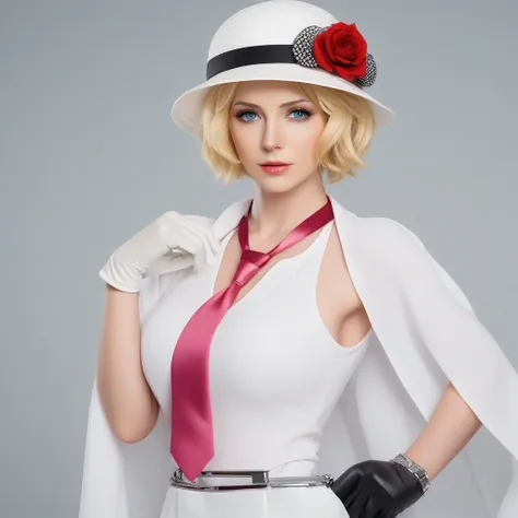 cinematic photo a woman, short blonde hair,  blue eyes, gloves, necktie, white dress, hat flower, handbag, large breast, . 35mm photograph, film, bokeh, professional, 4k, highly detailed,extremely detailed,high definition restrained,police,arrest,restraine...