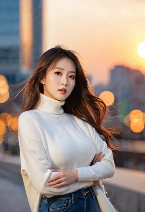 close-up of beautiful korean female with long hair, 40 inch breasts size, wearing white turtleneck sweater top, and rolled sleev...