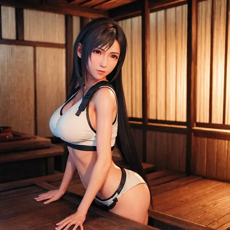 Tifa in a Japanese sauna, uncovered body, round ass, big breasts, 8k, Best Quality, masterpiece: 1.2