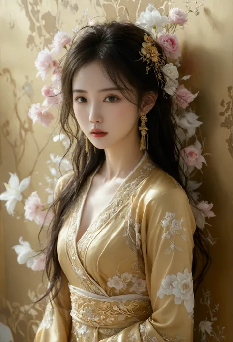 a picture of a very realistic, wide angle, image of a beautiful thai-chinese woman, elegant, smooth silk gold attire, goddess, t...