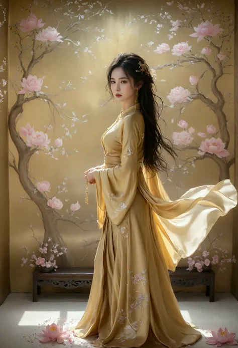 A picture of a very realistic, wide angle, image of a beautiful Thai-Chinese woman, Elegant, smooth silk gold attire, goddess, Thai artistic, Full body shot standing front of soft pastel satin wall, blooming, surreal dreamscape painting --c 33 --s 999 --v ...