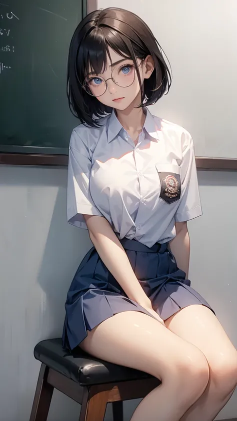 Best quality, 1 woman, 17 years old, (short bob haircut, black hair), scared face expression, plump body, blue eyes, Indonesian high-school uniform, (wearing transparent white shirt), osis logo on shirt pocket, huge XL breasts, light-grey pleated skirt, si...