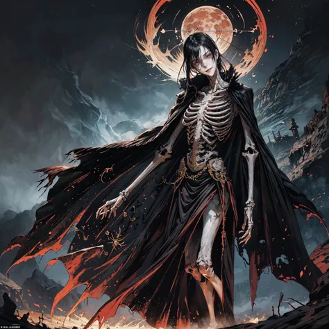 full-body shot, best quality, 4K, high resolution, masterpiece, Very detailed, Mood lighting, An undead girl in a long cape, Whole body including hands & arms & legs & feet are all skeleton bones but except the head is still beautiful human face, Wearing a...