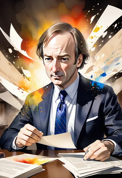 watercolor painting of greedy lawyer saul goodman (bob odenkirk) pictures that overlap with us documents, dramatic, carne griffi...