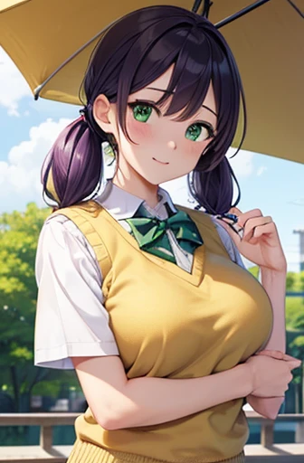 nozomitoujou, nozomi toujou, (green eyes:1.5), purple hair, twintails, low twintails, scrunchie, long hair, (large breast:1.2),
BREAK otonokizaka , pleated skirt, , short sleeves, skirt, summer uniform, sweater vest, yellow sweater vest,
BREAK looking at v...