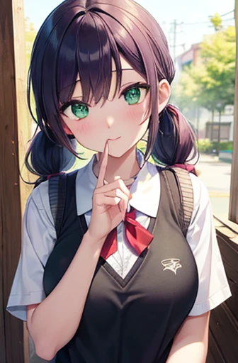 nozomitoujou, nozomi toujou, (green eyes:1.5), purple hair, twintails, low twintails, scrunchie, long hair, (large breast:1.2),
BREAK otonokizaka , pleated skirt, , short sleeves, skirt, summer uniform, sweater vest, yellow sweater vest,
BREAK looking at v...