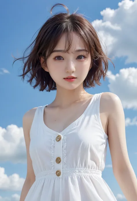 full body portrait:1.4、beautiful young angel girl with very short chestnut hair、wearing a white sleeveless one-piece dress、jump ...