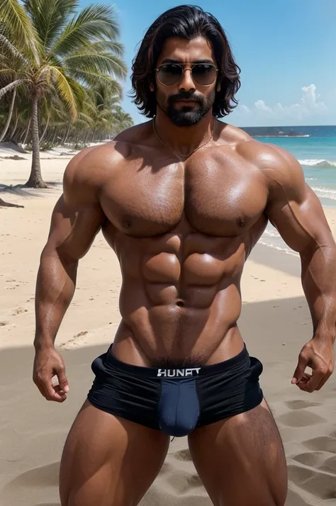 Short hairstyle desi jaat muscular bodybuilder hunk with short hairstyle, huge wide lots of hair on chest, tight front open shirt and tight black underwear, standing on beach with wetty body, water drops dripping from body and hair, spread legs and perfect...