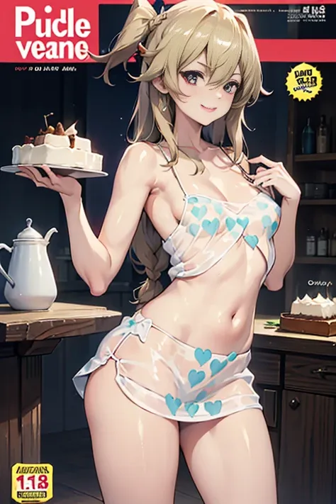 (small breasts:1.2), (perky chest:1.2), (pointed chest:1.2), (pudding cake magazine cover:1.3),(from above:1.0),(shoot from the ...