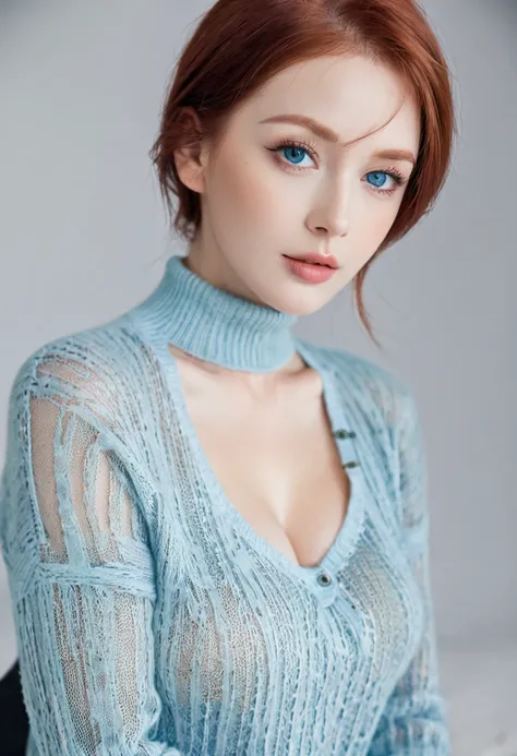 Miss, Large Breasts, Red hair, blue eyes, Transparent sweater, Small chin  