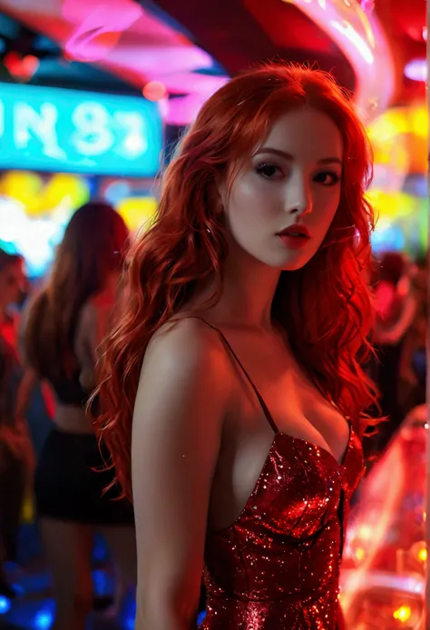 ultrarealistic, photography, long red hair, girl, 24 years old, hourglass figure, perfect body, natural medium breasts, extremely detailed artgerm, in the style artgerm, lens 35 mm, blur background, in a crowded club, neonlights, dancing, wearing a shiny r...