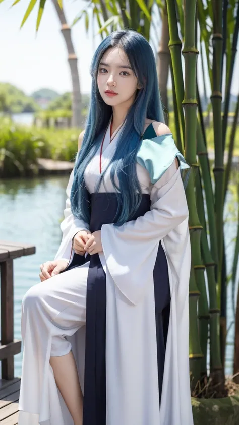 masterpiece, Highest quality, Official Art, 8k wallpaper, Very detailed, figure, 1 girl, Sky blue hair, Long Hair, Detailed eyes, Forrest Gump, Exposing shoulders, Hanfu, lake, Pure, A kind smile, bamboo, tea