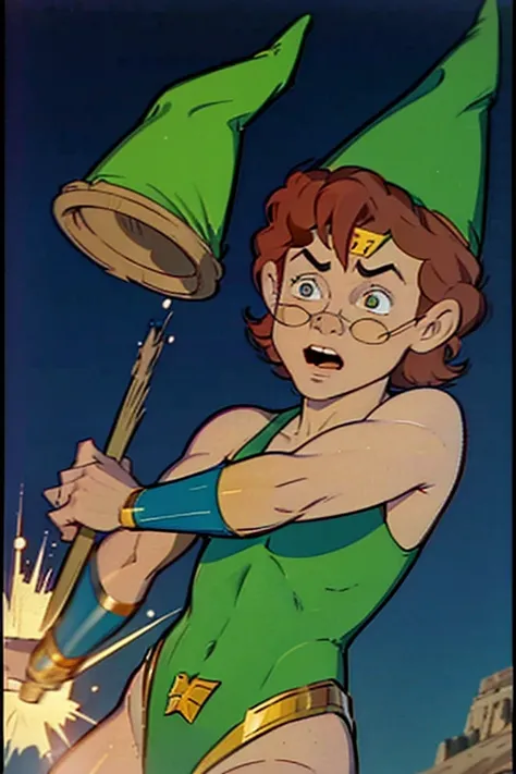 a redhead cartoon character, wonder woman outfit, green leotard, very muscular, 14 year old male wizard, 1980s cartoon, animated episode still, Presto (((mad))), ((Wears a wizard hat))