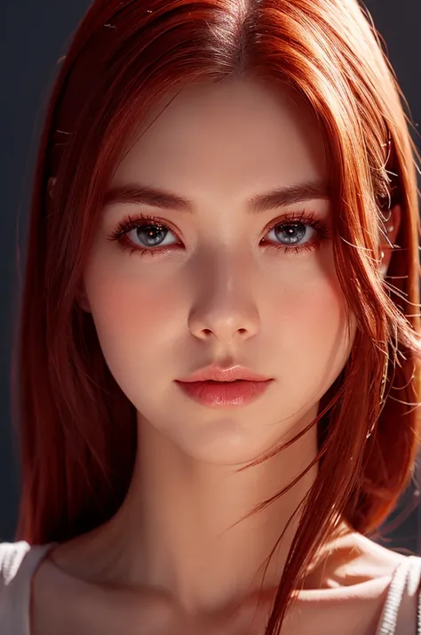 Peyton Roi List, star eye, blush, perfect illumination, red hair, red eyes, unreal engine, sidelighting, detailed face, bangs, bright skin, simple background, dark background