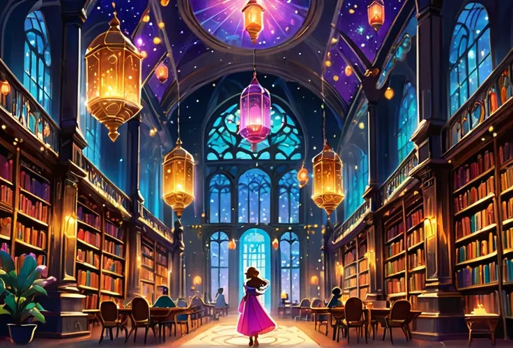 a beautiful library, magical, with sparkling lights and colourful lanterns, ancient book, glowing, magica atmosphere, big spacio...