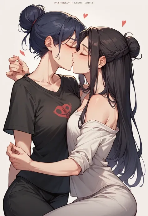 Two women kiss each other, novel cover, in front of friends. Inspiration from 23.5 degrees the earth is tilted Black woman with ponytail wearing black pajamas Young woman with long hair tied in a bun wearing work clothes  