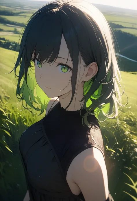 A 16-year-old girl, ((Black summer clothes))、(Green inner color hairstyle), Beautiful Hair, Facial Contour, Remember, countryside, sunlight、splash, Lens flare,, Natural Color, High resolution, Very delicate, Very detailed, 8k,（There is swelling of the brea...