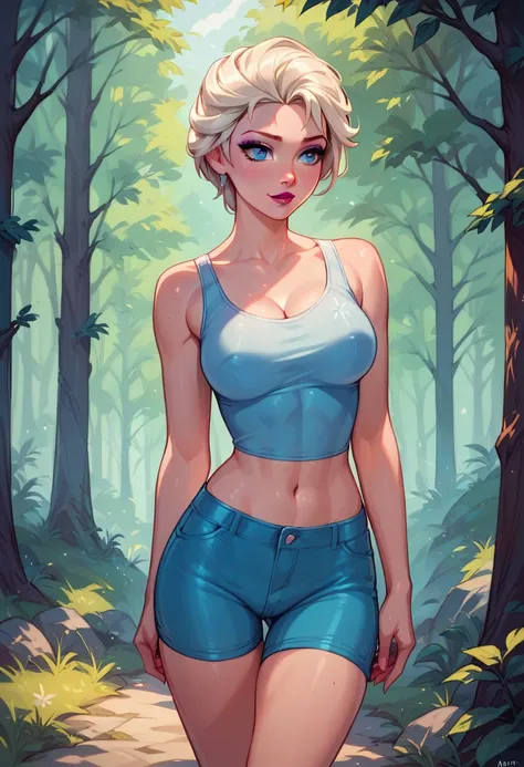 score_9, score_8_up, score_7_up, score_6_up, elsa, short hair, tight shorts and tank top, cinematic lighting,, walking in forest,