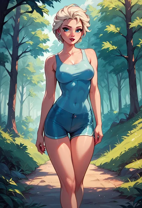 score_9, score_8_up, score_7_up, score_6_up, elsa, short hair, tight shorts and tank top, cinematic lighting,, walking in forest,