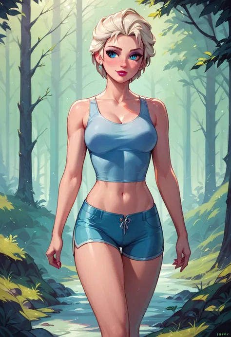 score_9, score_8_up, score_7_up, score_6_up, elsa, short hair, tight shorts and tank top, cinematic lighting,, walking in forest,