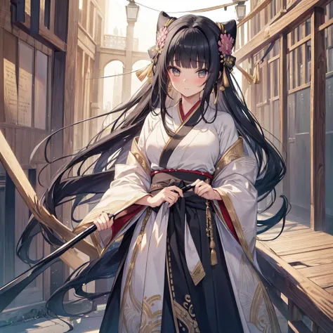 ((Highest quality, masterpiece)), (Up to the waist,One Girl:1.4), Intricate details, Beautifully detailed face, View your audience, blush, , Black Hair, Long Hair, Blunt bangs, Happy, Are standing,(Naginata in one hand), (Ninja&#39;s red and purple outfit ...