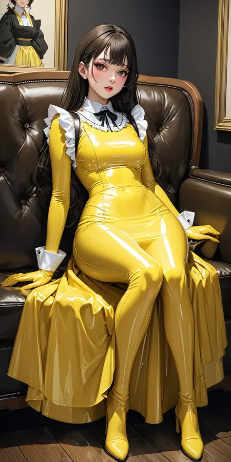 Portraiture、(masterpiece,Highest quality,Ultra-high resolution),Japanese women, (((Very beautiful 25 year old girl))),(Yellow latex maid outfit)、((Yellow latex long skirt))、(Yellow long sleeve latex shirt)、Yellow latex gloves、Yellow latex boots、Yellow Late...