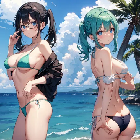 One Woman、Braided twin tails、Huge breasts、（Huge breasts：1.8)、Glasses、blue eyes、Green Hair、Swimwear、Sheer, tiny micro bikini、White tiny micro bikini、（Sheer, tiny micro bikini）、（White tiny micro bikini）、（（Saigon Thai Bikini Top））、（（T-back bikini underwear））、...