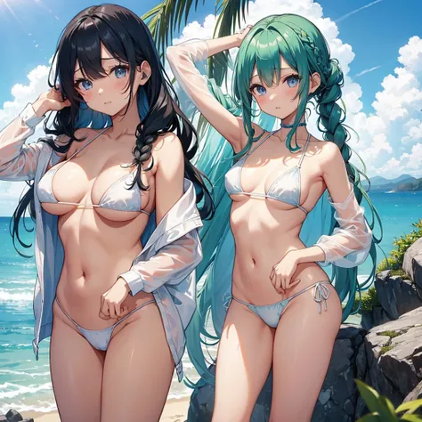 One Woman、Braided twin tails、Huge breasts、（Huge breasts：1.8)、Glasses、blue eyes、Green Hair、Swimwear、Sheer, tiny micro bikini、White tiny micro bikini、（Sheer, tiny micro bikini）、（White tiny micro bikini）、（（Saigon Thai Bikini Top））、（（T-back bikini underwear））、...