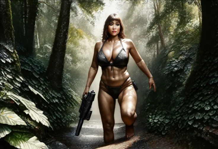 a cute furry alien female chipmunk woman in a sexy furry bikini, with huge eyes and huge breasts, athletic body with body fur, holding a blaster pistol, sneaking up on an Imperial base in a forest, (best quality,4k,8k,highres,masterpiece:1.2),ultra-detaile...