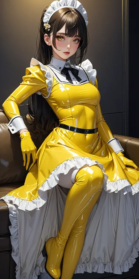 Portraiture、(masterpiece,Highest quality,Ultra-high resolution),Japanese women, (((Very beautiful 25 year old girl))),(Yellow latex maid outfit)、((Yellow latex long skirt))、(Yellow long sleeve latex shirt)、Yellow latex gloves、Yellow latex boots、Yellow Late...