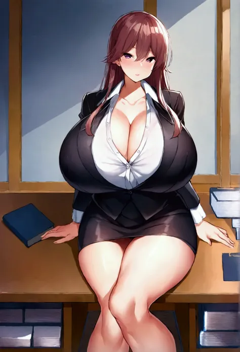 japanese lawyer, gigantic breasts, business suits, tight skirt, cleavage:-2, (buttoned shirts:1.3), Law Firm, He is sitting at a desk with a shelf full of law books behind him.