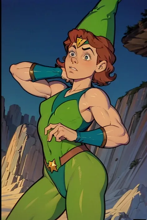 a redhead cartoon character, wonder woman outfit, green leotard, very muscular, 14 year old male wizard, 1980s cartoon, animated episode still, Presto (((mad))), ((Wears a wizard hat))