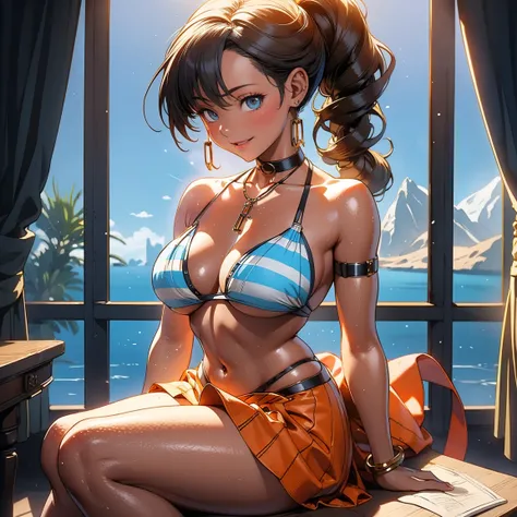 HIGHLY DETAILED, 16K HI-RES, insanely detailed image, cinematic, best quality, masterpiece, realistic, detailed face, detailed background, dramatic lighting, Outfit: Nami is wearing her signature outfit - a bikini top with a blue and white striped pattern,...