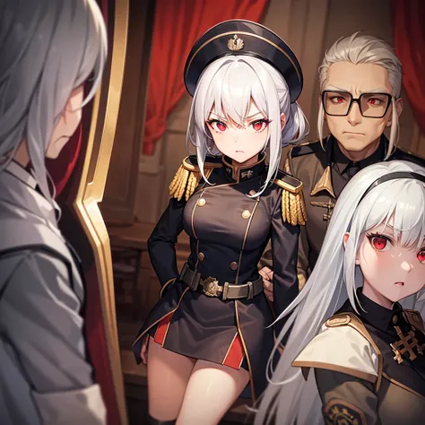 Black german world war 2 outfit, young 18 year old female, white hair, red eyes, serious expression, war background, anime style, having a meeting with her german officers. 