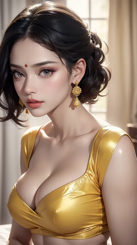 a beautiful goddess with sharp jawline, long earrings, huge breasts, big circle jhumki earrings, short shiny hair, perfect face, face makeup, yellow saree, printed blouse, thin body, tall figure, cleavage, navel, hand jewelry, rings, (best quality,4k,8k,hi...