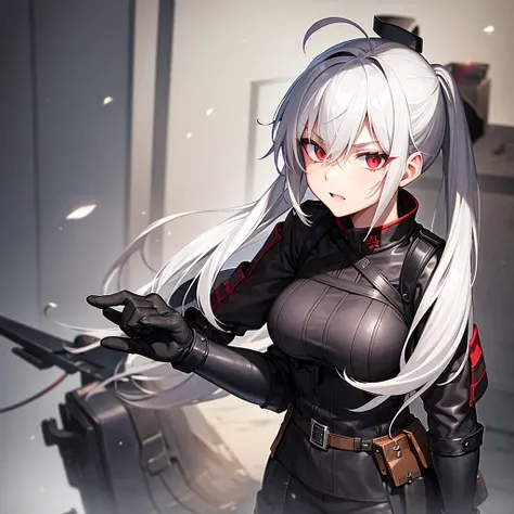 Black german world war 2 outfit, young 18 year old female, white hair, red eyes, serious expression, war background, anime style, battlefield. 