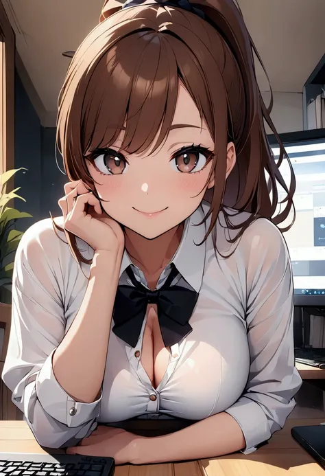 (high resolution,high quality)anime、Beauty、cute、Stylish、ponytail、Brown Hair、Sexy、View your viewers、smile、In a beautiful house、computer、Working