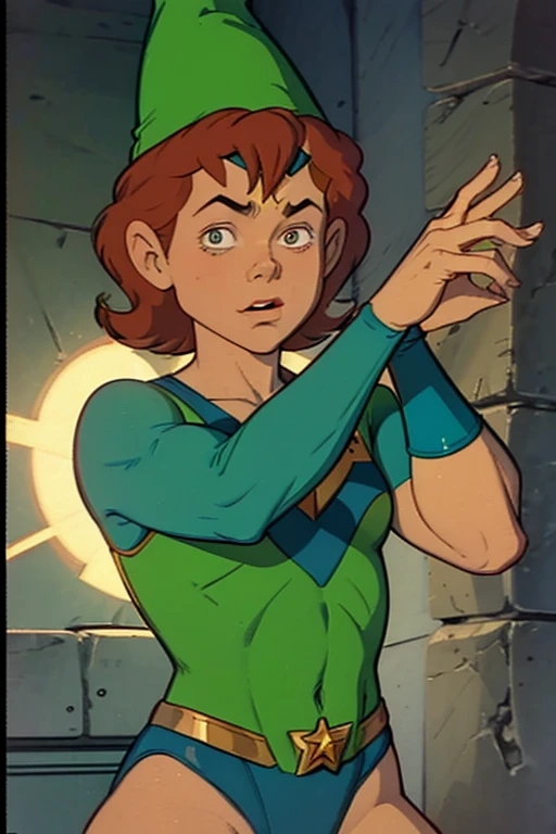 a redhead cartoon character, wonder woman outfit, green leotard, very muscular, 14 year old male wizard, 1980s cartoon, animated episode still, Presto (((mad))), ((Wears a wizard hat))