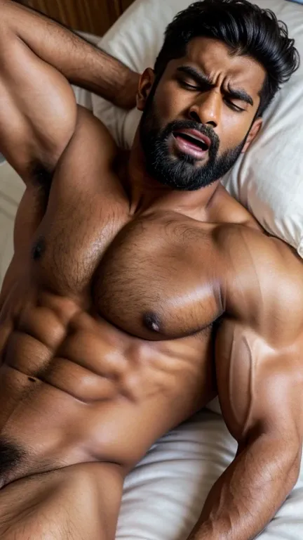 Male Character, handsome indian huge hairy bodybuilder muscular hunk with nice hairstyle and Pain is raging on the face, screaming with pain, big open mouth and making aggressive face expressions with eyes closed, the head is tilted back, Beard, Sharp Jawl...