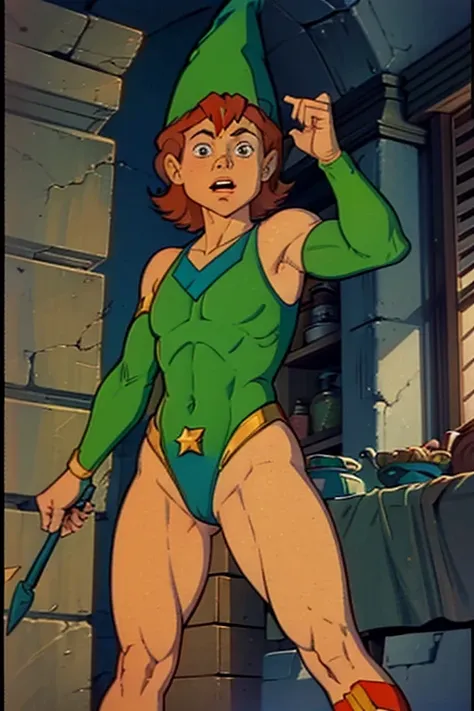 a redhead cartoon character, wonder woman outfit, green leotard, very muscular, 14 year old male wizard, 1980s cartoon, animated episode still, Presto (((mad))), ((Wears a wizard hat))