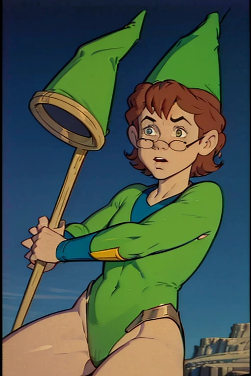 a redhead cartoon character, wonder woman outfit, green leotard, very muscular, 14 year old male wizard, 1980s cartoon, animated episode still, Presto (((mad))), ((Wears a wizard hat))