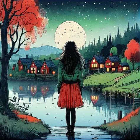 Hand drawn cartoon, 1 girl, standing alone, Beautiful attractive young woman，Strong Gothic Makeup, A lakeside village with a birch forest and an apple orchard，starry nights_Adolfsson style，gloomy foggy atmosphere，The cute nonsense、The attraction and reject...