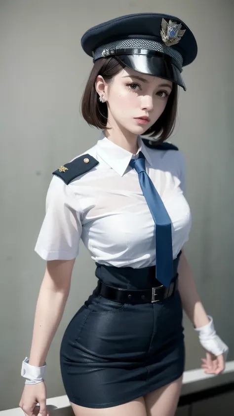 policewoman uniform, light blue short sleeved shirt, navy necktie, high waisted miniskirt, belt, white gloves, police hat, handcuffs, absurdres, RAW photo, extremely delicate and beautiful, masterpiece, Best Quality, ultra high resolution, 32k, hyperrealis...